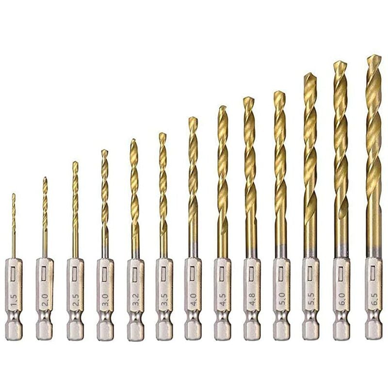 Zestaw 13 wierteł spiralnych HSS, bity sześciokątne ze stali szybkotnącej z powłoką tytanową, 1,5 mm - 6,5 mm, do wiercenia w drewnie/metalu/tw