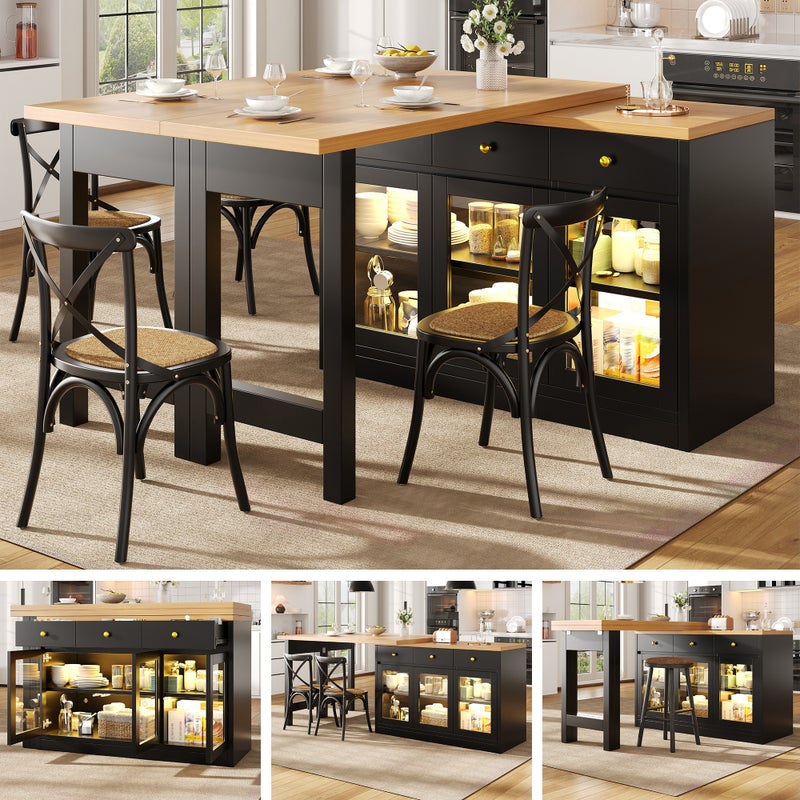 Rozkładana wyspa kuchenna z 3 szufladami i 3 szklanymi drzwiami - Oświetlenie LED - 120/200 x 40 x 75,5 cm - Płyta MDF i metal - Czarna