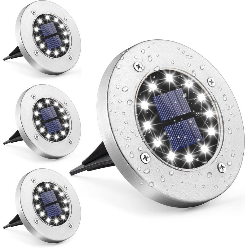 12 lamp solarnych LED do użytku zewnętrznego, zestaw 4 sztuk, białe, wodoodporne lampy solarne do użytku ogrodowego ze stali nierdzewnej