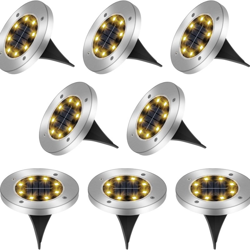 Zestaw 8 solarnych lamp gruntowych, 8 diod LED do oświetlenia zewnętrznego ogrodu, wodoszczelne IP65, wpuszczane zewnętrzne reflektorki solarne (ci