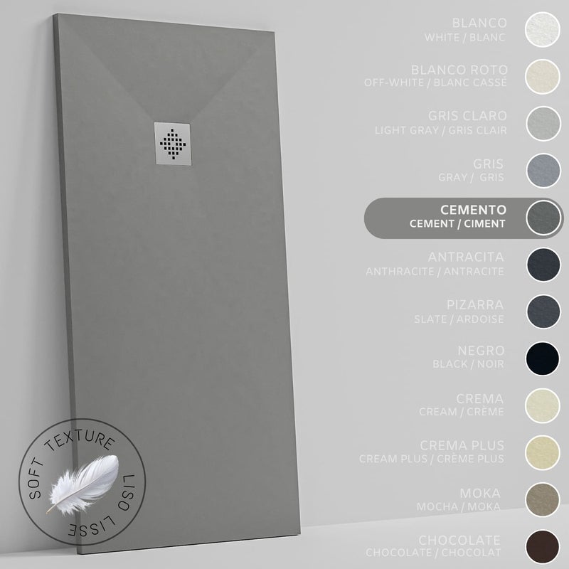 SOULHOME Brodzik prysznicowy– Żywica– Gel Coat– Gładki Jedwab tekstura – Antypoślizgowy – Kolor cementowoszary – 120X75- Niski 3 cm– Standard
