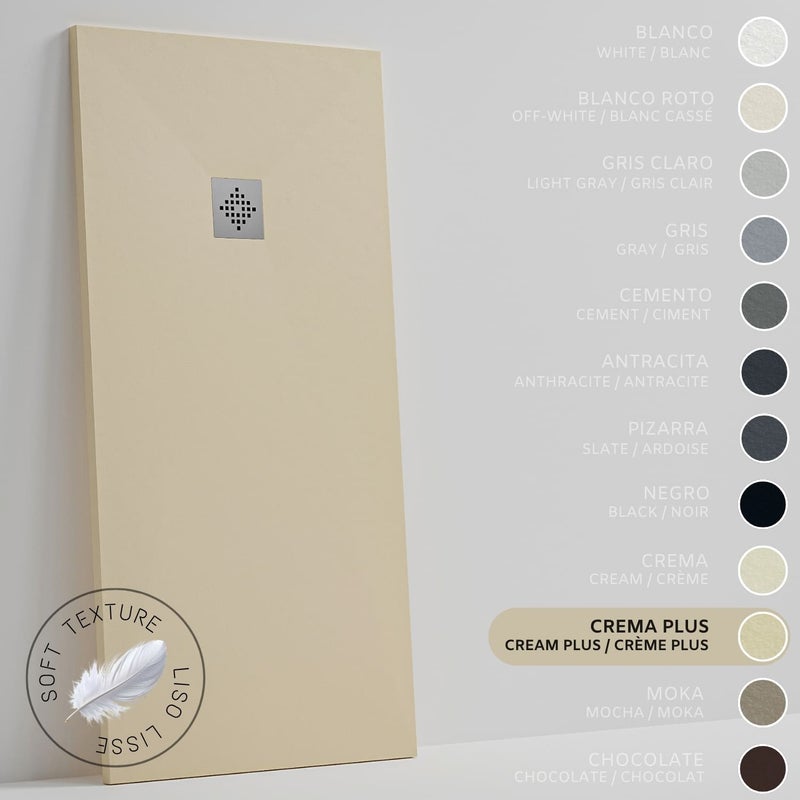 SOULHOME Brodzik prysznicowy– Żywica– Gel Coat– Gładki Jedwab tekstura – Antypoślizgowy – Kolor intensywnie kremowy – 90X70- Niski 3 cm– Standard