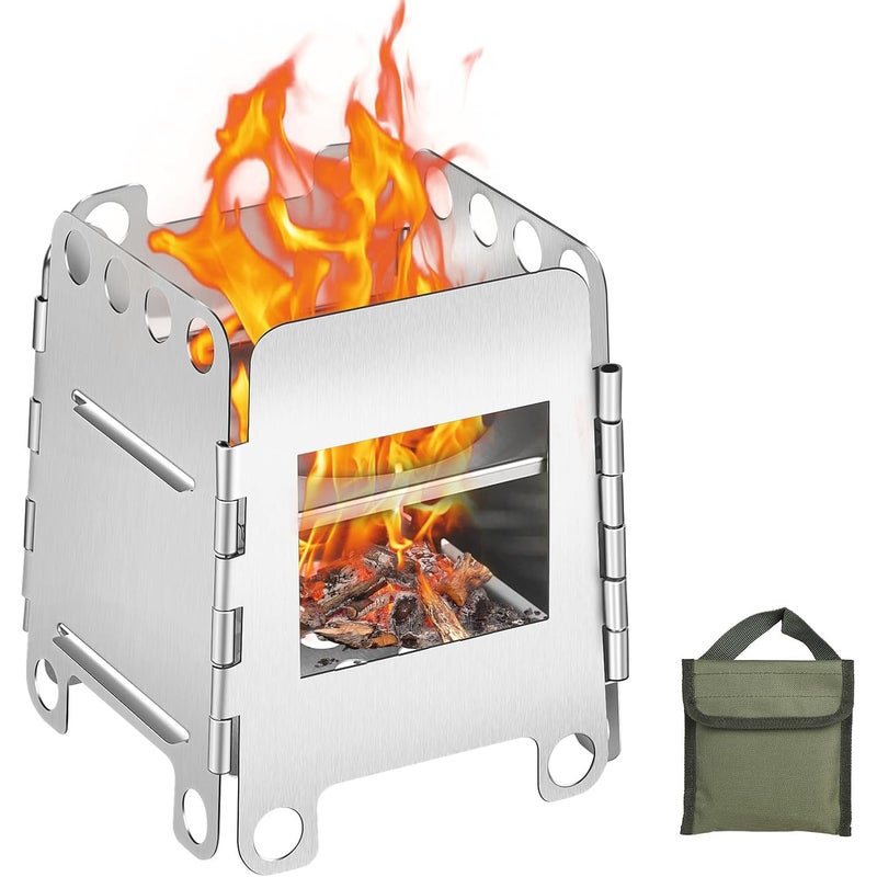 Składany piecyk na drewno 8,7 x 10,7 cm – kompaktowy piecyk ze stali nierdzewnej do plecaków i na kemping, w zestawie torba do przechowywania