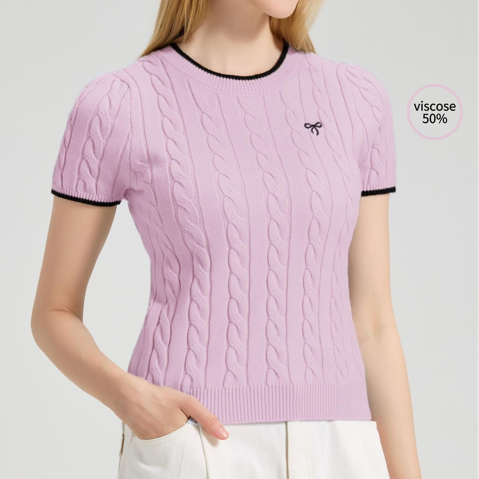 TEMU DP022358 Damski Top Z Krótkim Rękawem W Kształcie Uszu Kota - Eleganckie Dwukolorowe Krawędzie, Miękki I Nie Płatkowy, Idealny Na