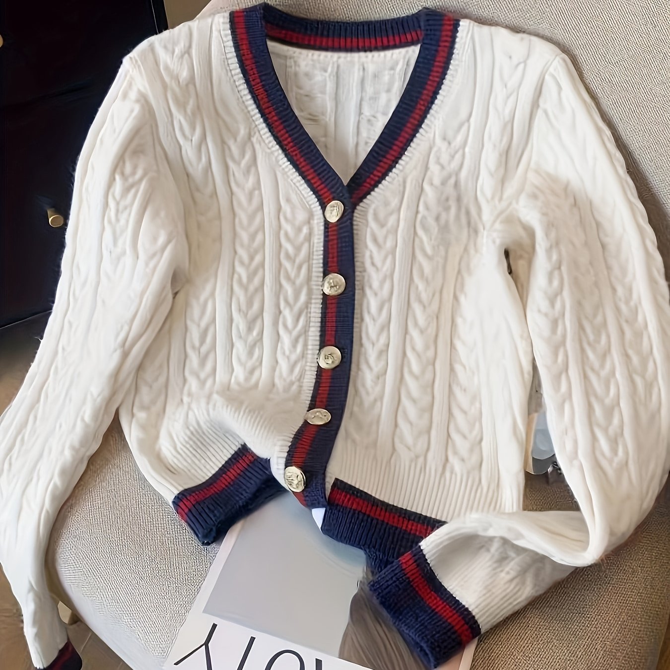 TEMU Damska odzież na wiosnę, jesień i zimę, elegancki damski kardigan casualowy, z kontrastowym designem z guzikami, wstawką kontrastowym, wąskim