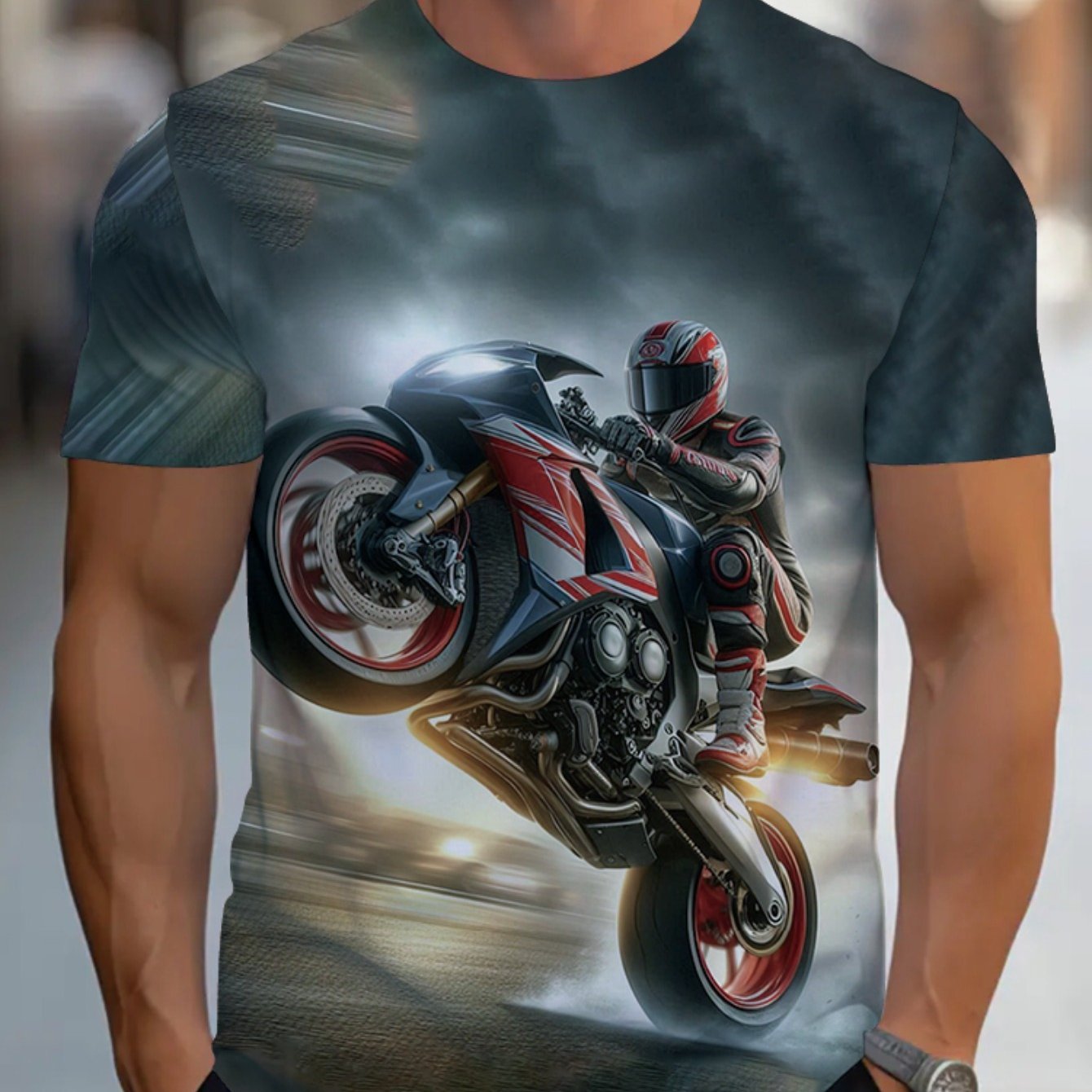 TEMU Szukana pościgiem, ta męska koszulka sportowa casual z grafiką motocykla, łączy i styl dla osób ceniących unikalne codzienne ubrania.