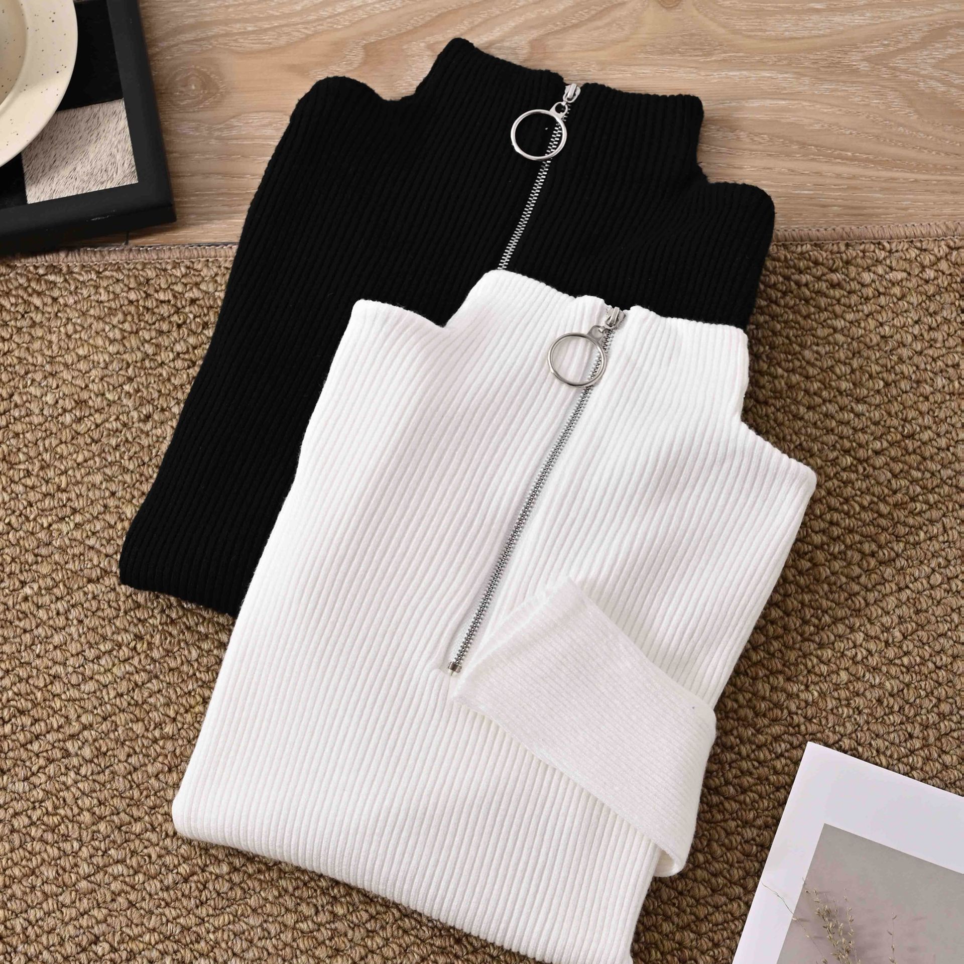 TEMU Zestaw Dwóch Stylowych Damskich Bluzek Warstwy Bazy Zapinanych na Zamek z Półwysokim Kołnierzykiem, Zaprojektowanych, Aby Być Dopasowanymi i