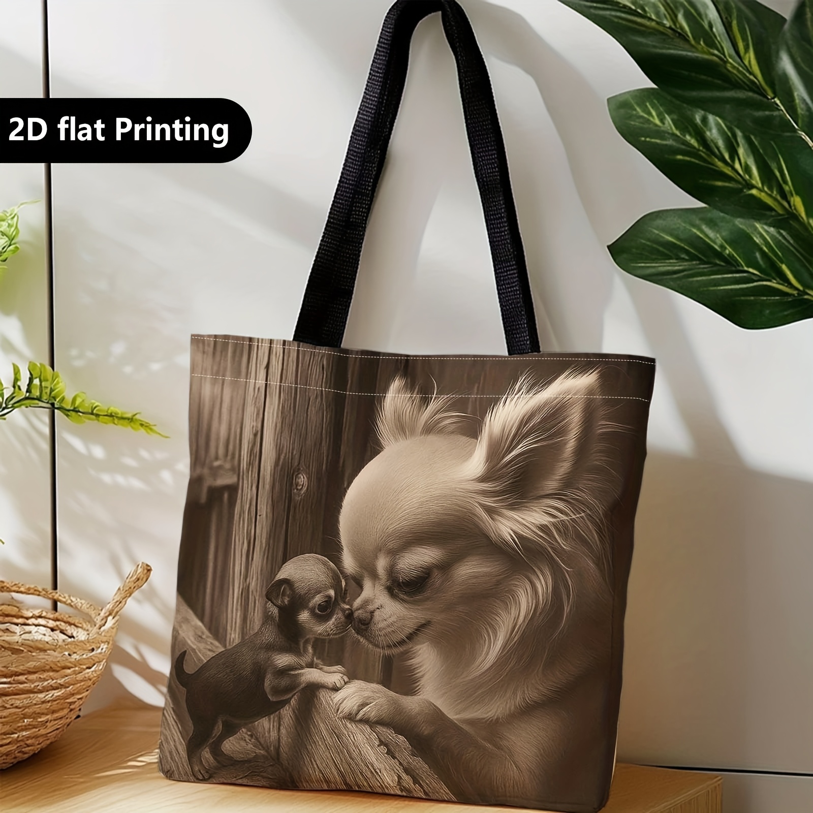 TEMU 1 szt. Torba płócienna z nadrukiem Chihuahua - Uroczy wzór Chihuahua z podwójnym uchwytem, pralna w pralce, podstawowy styl do podróży i