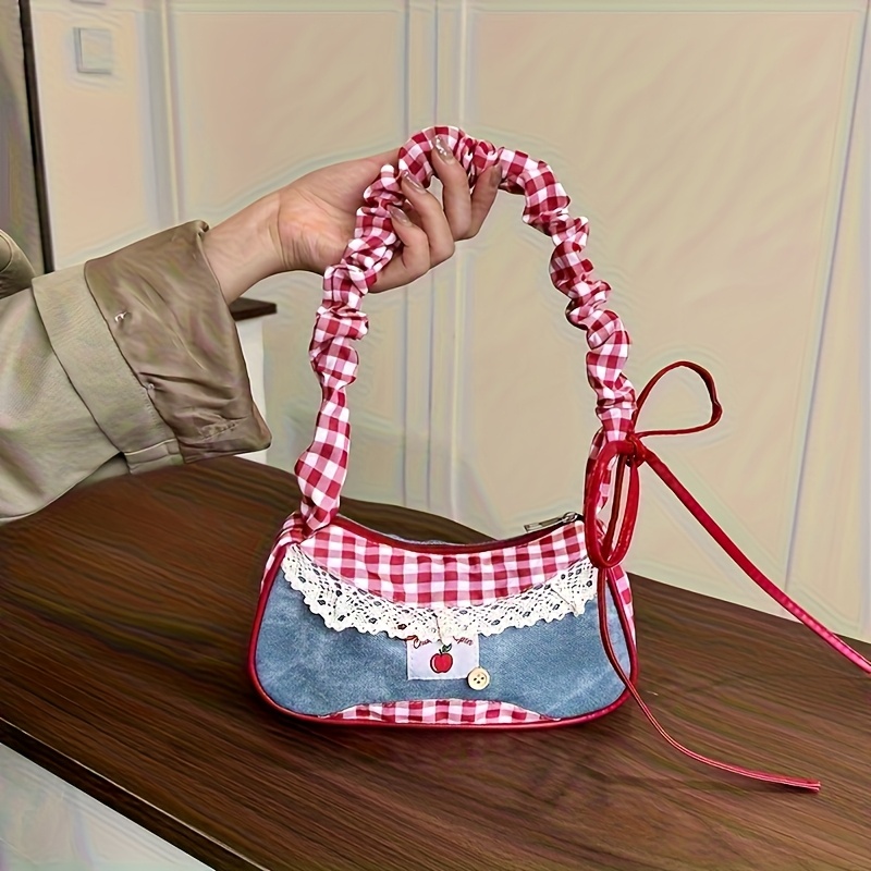 TEMU Damska Modna Torba Crossbody Elegancka Torebka w Kratę Unisex Design Kokarda Torba Pod Pachę Zapięcie na Zamek Błyskawiczny