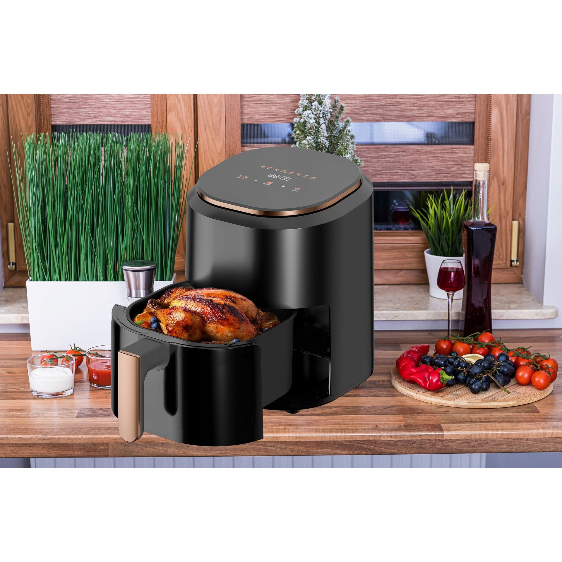 TEMU FRYTKOWNICA BEZTŁUSZCZOWA AIR FRYER LINBOX CZARNA 4,5L 1400W KOLOROWE MENU W JĘZYKU POLSKIM