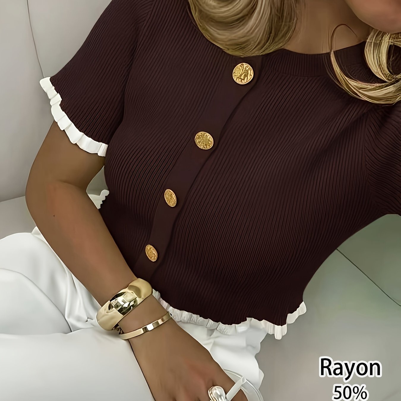 TEMU Modna Letnia Bluzka Damska z Guzikami i Koronkowymi Falbankami, Elegancki Sweter z Krótkim Rękawem, Idealna na Randki i Codzienne Noszenie