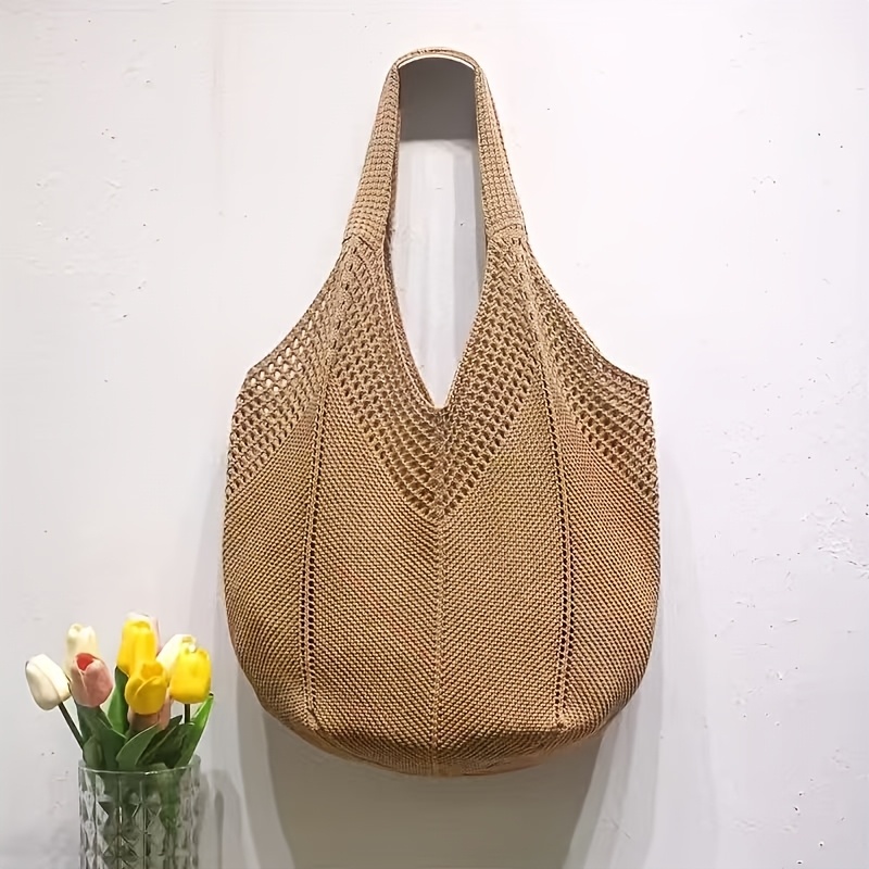 TEMU Torba szydełkowa w stylu vintage - z włókna torba na ramię, lekka i wytrzymała, idealna do podróży, na plażę i do codziennego użytku - Modny