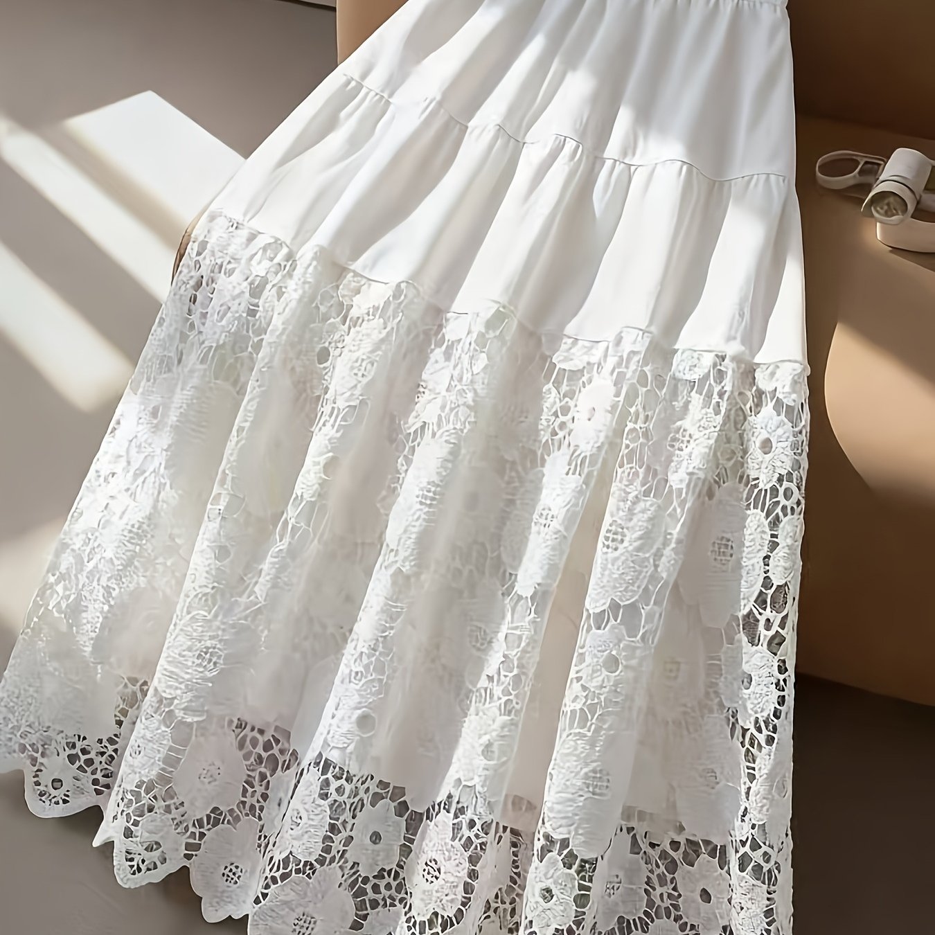 TEMU Elegancka i wyrafinowana spódnica damska o delikatnym stylu, z wysokim stanem, ażurową koronką i krojem A, o średniej długości [ZLLZ]