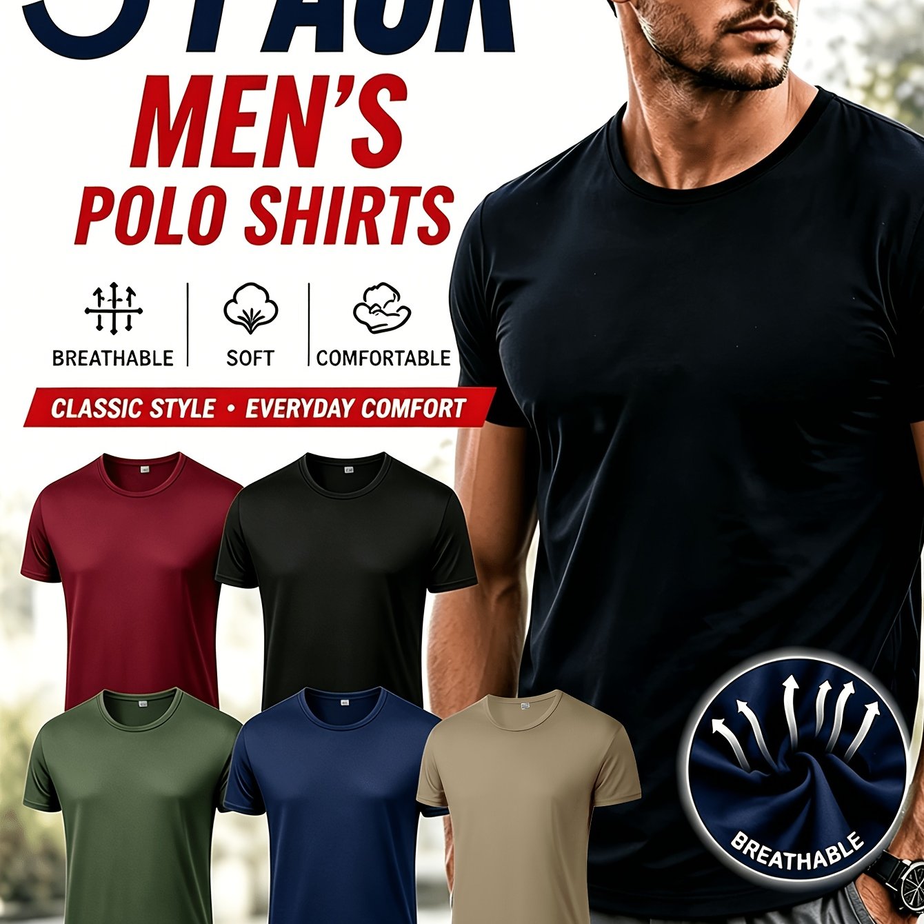 TEMU 5 szt., Męskie szybkoschnące T-shirty z krótkim rękawem w różnych kolorach, Lekka tkanina, Okrągły dekolt, Nadają się na codzienne i casualowe,