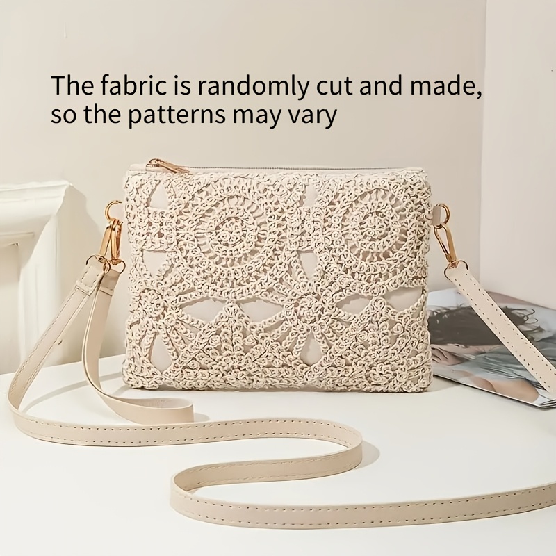 TEMU Damska torebka crossbody w stylu bohemy, ręcznie i haftowana, z frędzlami, regulowany pasek na ramię - Beżowa torebka z tkaniny z zamkiem