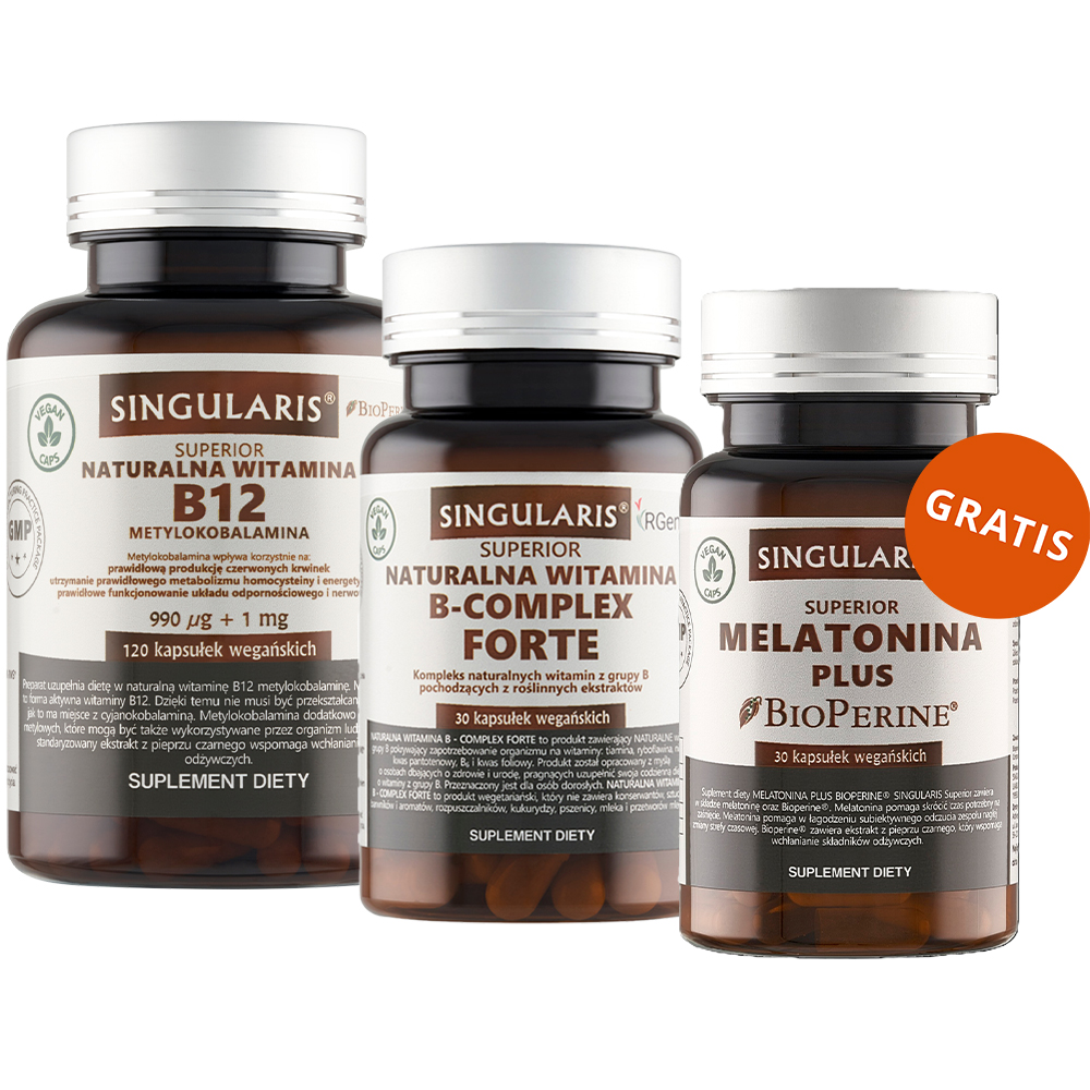 Zestaw Singularis Naturalna Witamina B12 Metylokobalamin 990 µg + 1 mg BioPerine, 120 kapsułek + Witamina B-Complex Forte, 30 kapsułek + Melatonina Plus, 30 kapsułek gratis