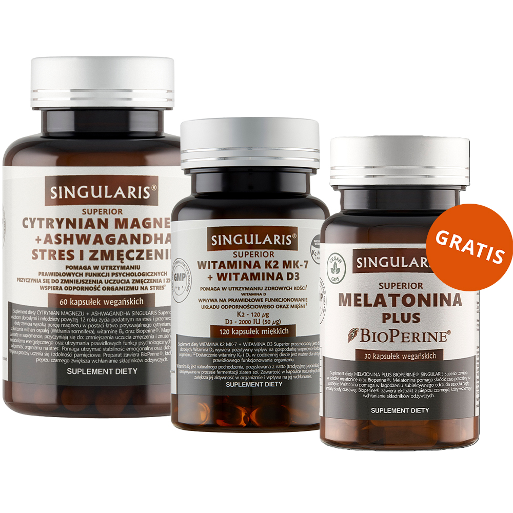 Zestaw Singularis Witamina K2 MK7 + Witamina D3, 120 kapsułek + Cytrynian Magnezu 100 mg + Ashwagandha 80 mg + B6 + BioPerine, 60 kapsułek + Melatonina Plus, 30 kapsułek gratis