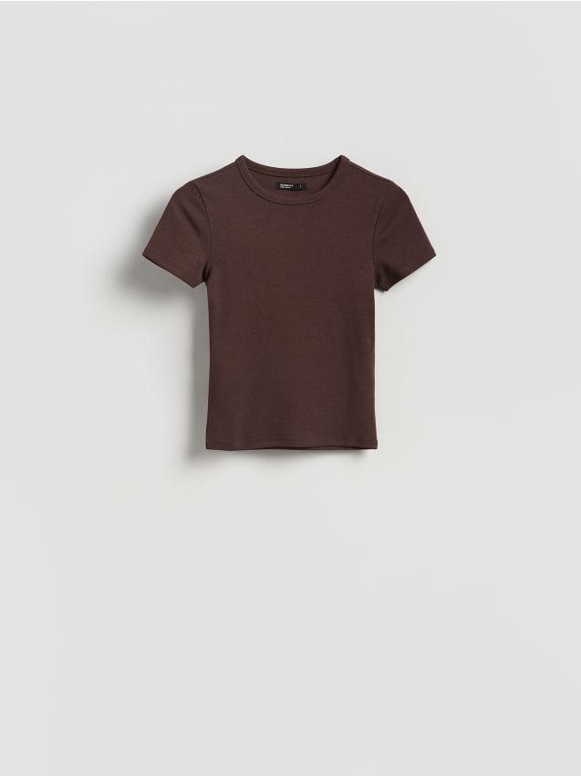 Reserved - T-shirt slim fit z modalem - ciemnobrązowy