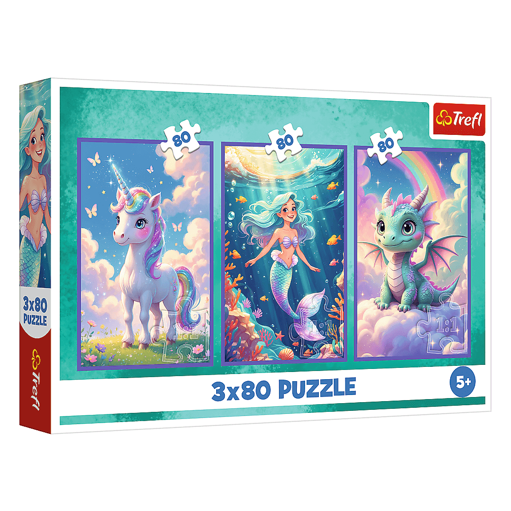 Trefl Puzzle 3x80 el. Jednorożec, Mała Syrenka, Smok