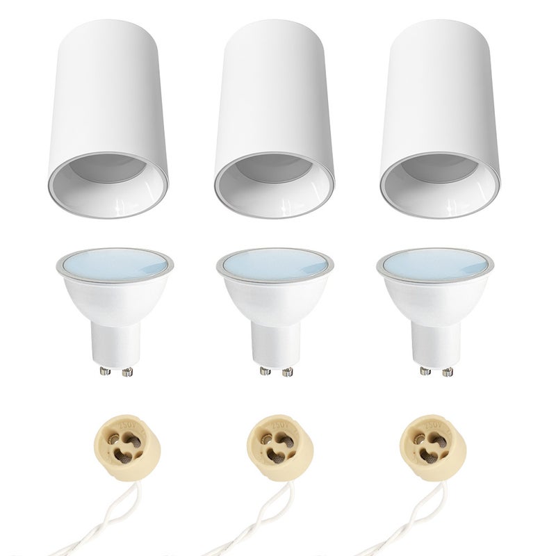 Oprawa natynkowa sufitowa cylindryczna GU10 fi76 mm biała IP20 + 3 żarówki LED FARI 6500K 5,5W HOROZ