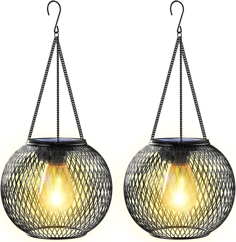Zewnętrzna lampa solarna, 2-punktowa wisząca lampa metalowa IP65 do ogrodu, na podwórko, balkon – dekoracja i prezent