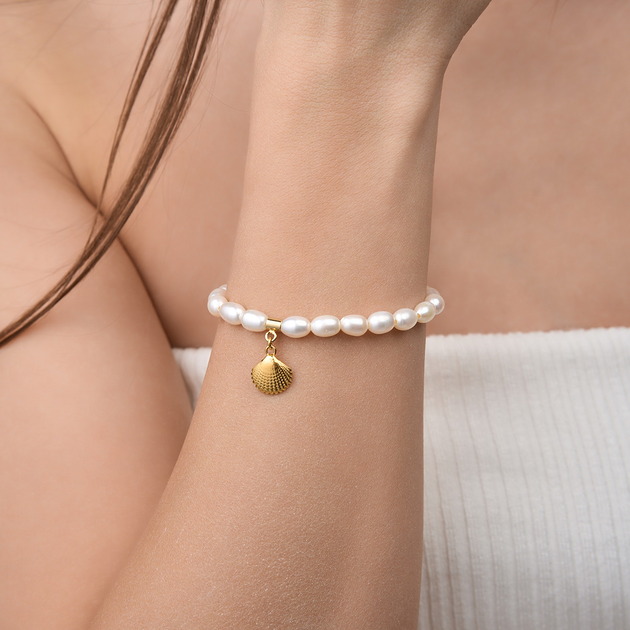 Bransoletka perły naturalne muszelka- srebro 925 pozłacane