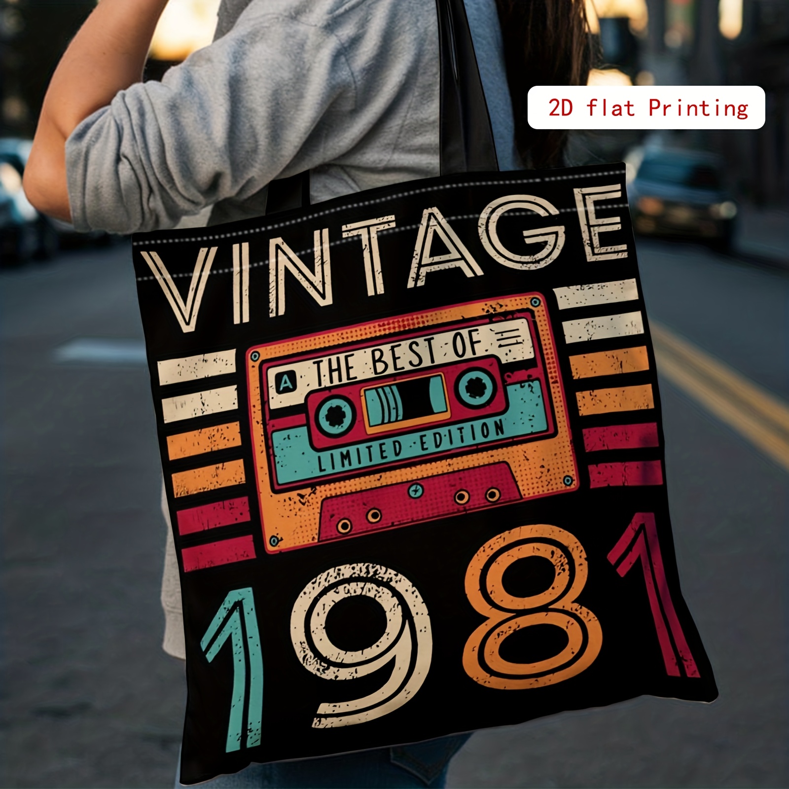 TEMU Torebka 2D z nadrukiem, styl vintage, zaprojektowana w 1981 roku, torba na zakupy wielokrotnego użytku, damska torba na ramię i torba typu tote