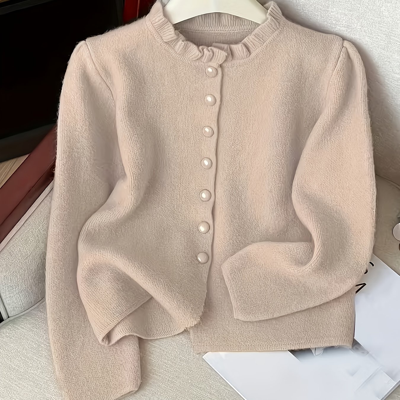 TEMU Prosty Kardigan z Falbanką w Szyi dla Kobiet, Elegancki Krótki Sweter na Wiosnę i Jesień