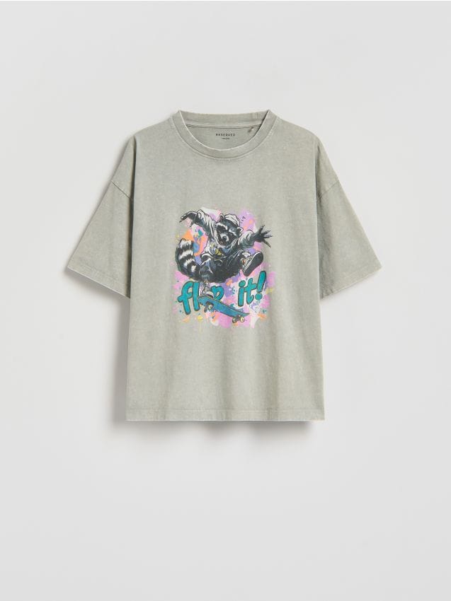 Reserved - Bawełniany t-shirt z nadrukiem - jasnoszary