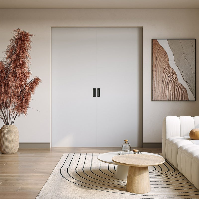 Drzwi przesuwne podwójne z ukrytym systemem przesuwnym – 2 x wys. 205 x dł. 63 cm – MDF + PVC Białe – VARIN II