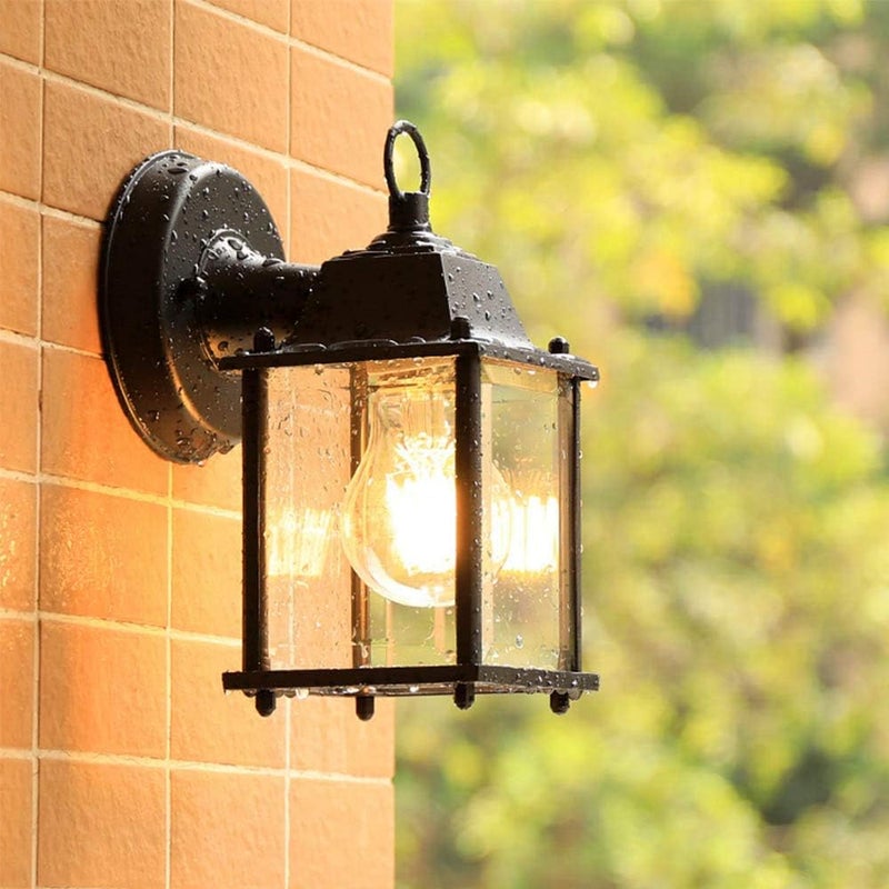 Antyczna, czarna, metalowa lampa ścienna zewnętrzna z przezroczystym kloszem, aluminiowa lampa ścienna zewnętrzna (żarówka nie jest dołączona)