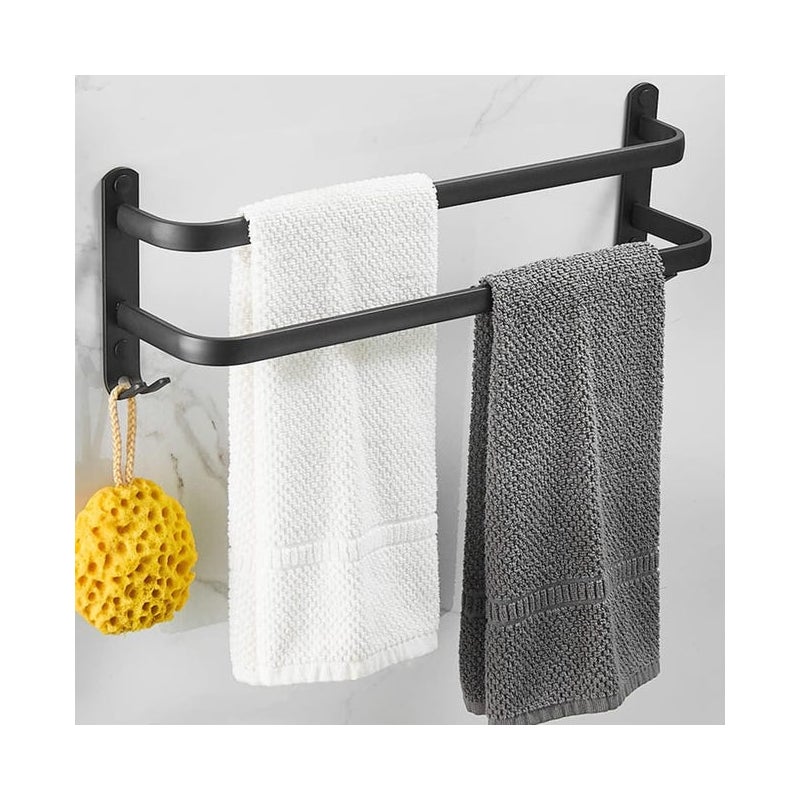 Wieszak na ręczniki aluminiowy montowany na ścianie – 2 poziomy – z haczykami – 80 cm – wodoodporny – czarny – do łazienki, kuchni, prysznica
