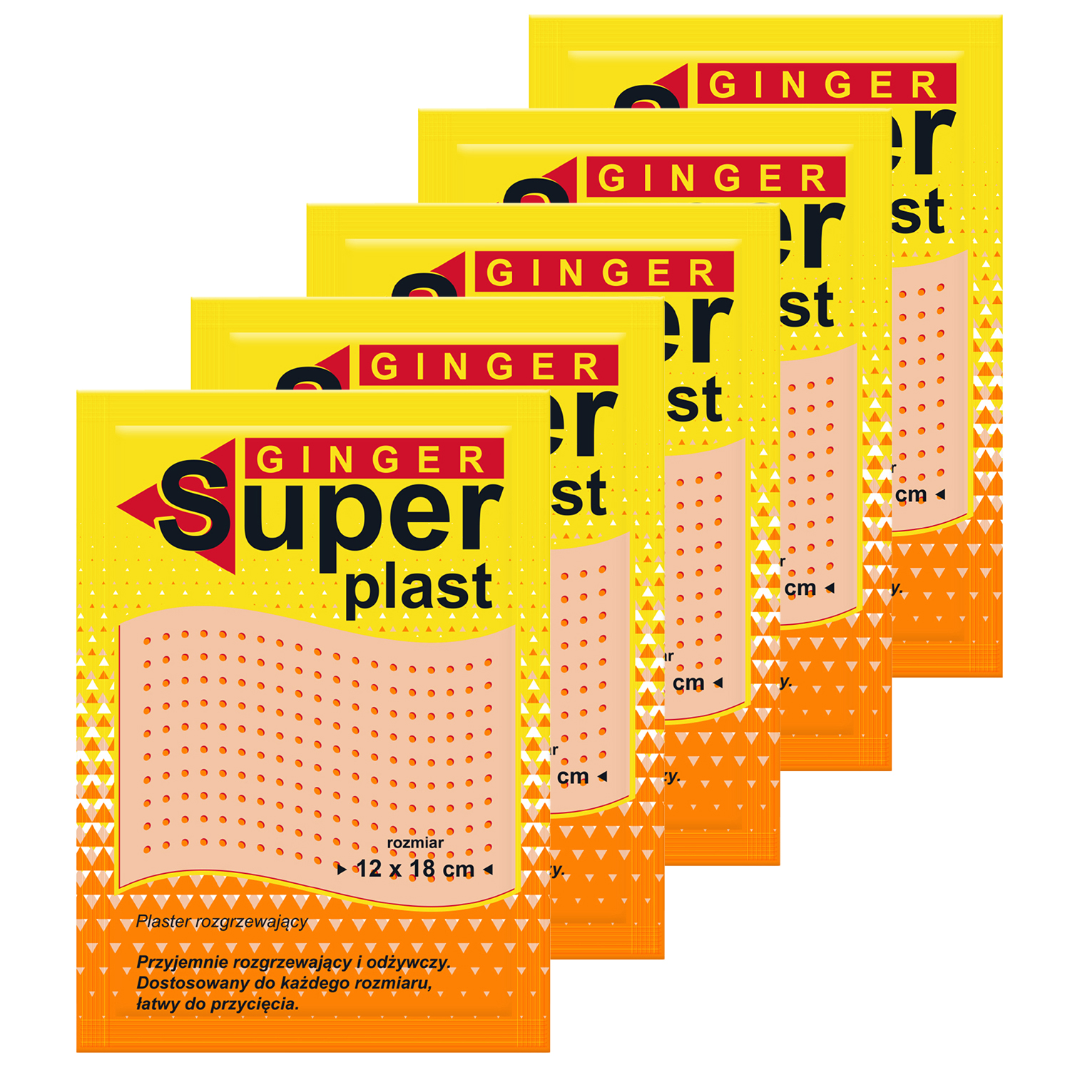 Zestaw Ginger Super plast, plaster rozgrzewający, 12 cm x 18 cm, 5 x 1 sztuka