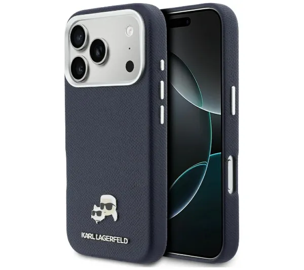 Karl Lagerfeld Karl & Choupette Head Pins Saffiano MagSafe do iPhone 17 Pro Max Niebieski