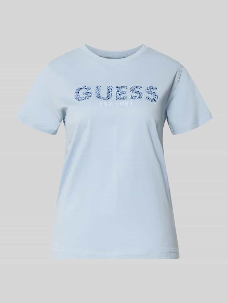 t-shirt z nadrukiem z logo i obszyciem z kamieni stras