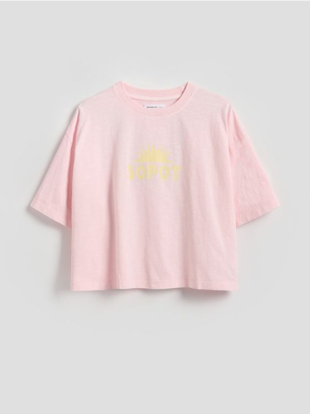 Reserved - Luźny t-shirt z nadrukiem - różowy