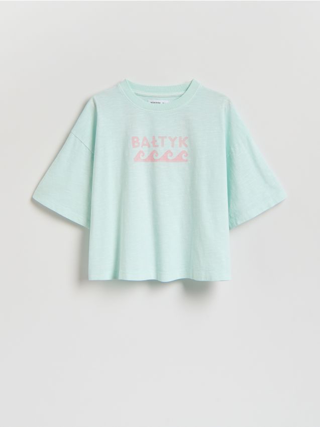 Reserved - Luźny t-shirt z nadrukiem - jasnoturkusowy