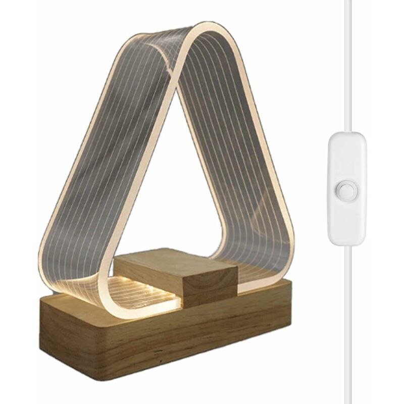 Nowoczesna, trójkątna lampka nocna LED z litego drewna z portem USB, idealna do sypialni lub salonu