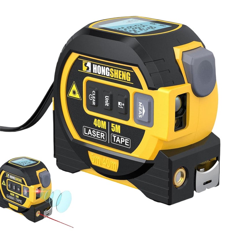 Laserowa linijka 3 w 1, laserowy pomiar odległości 40 m, taśma miernicza 5 m (z wyświetlaczem LED), cyfrowa taśma miernicza (żółta)