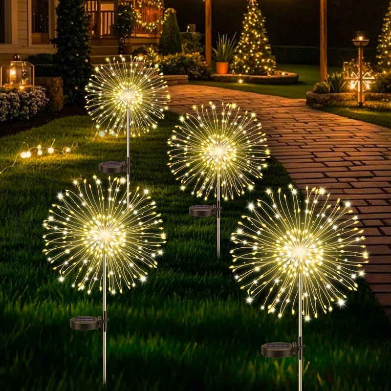 Zestaw 4 lamp ogrodowych solarnych, fajerwerki solarne w kształcie dmuchawców, 120 diod LED, 8 trybów, oświetlenie w rozgwieżdżone niebo
