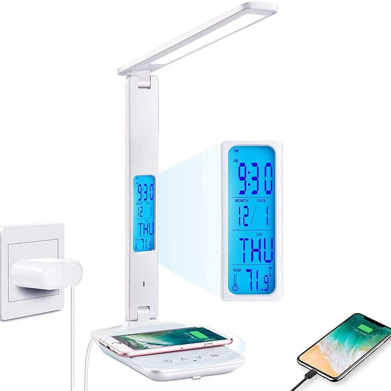 Lampa biurkowa LED z ładowarką bezprzewodową, ładowaniem USB, oświetleniem biurkowym, lampką nocną, budzikiem cyfrowym, kontrolą temperatury – Biała