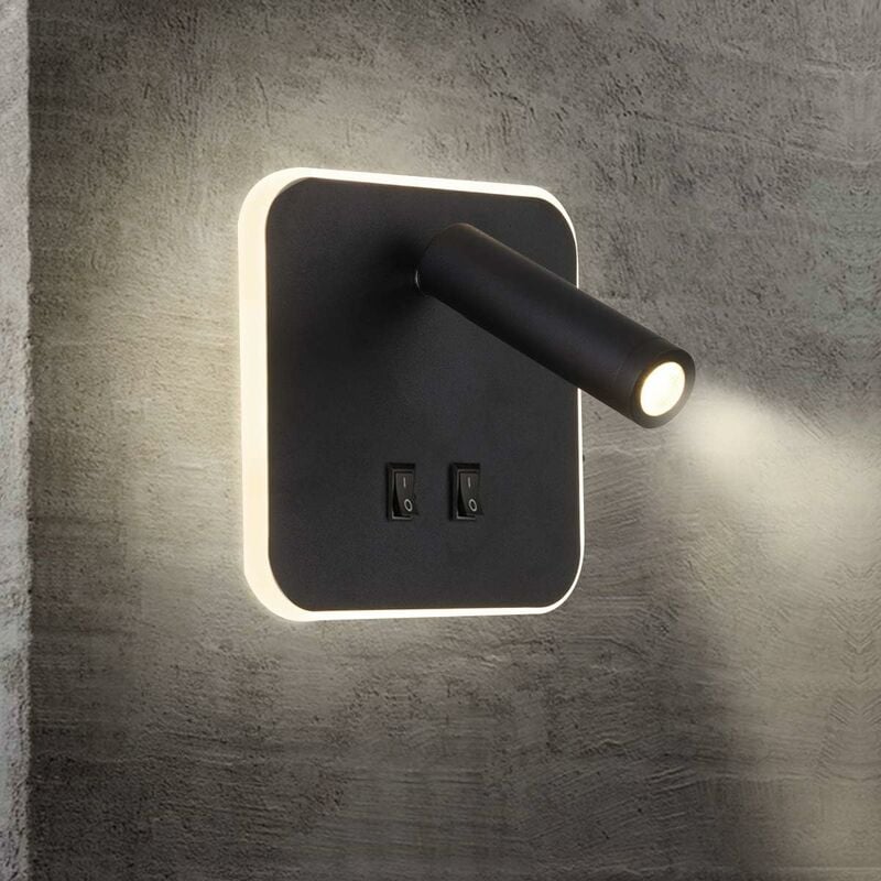 Lampka nocna LED, kinkiet wewnętrzny hotelowy, kinkiet nocny, kinkiet korytarzowy z włącznikiem czarny 3W + 10W (kwadrat)