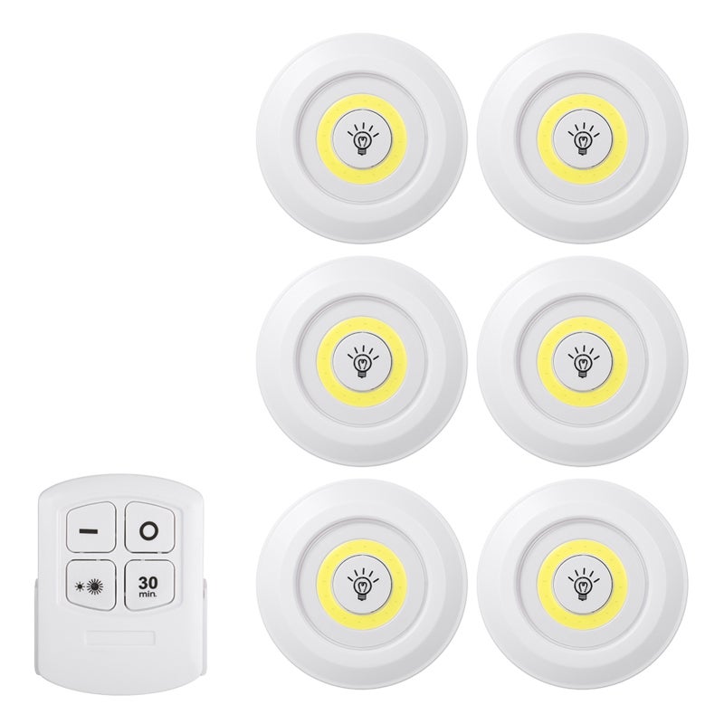 Światła LED COB 4,5V 1W (6 sztuk), pilot, regulowana jasność, bezprzewodowe, czujnik dotykowy, lampka nocna, pod szafką, na baterie, białe