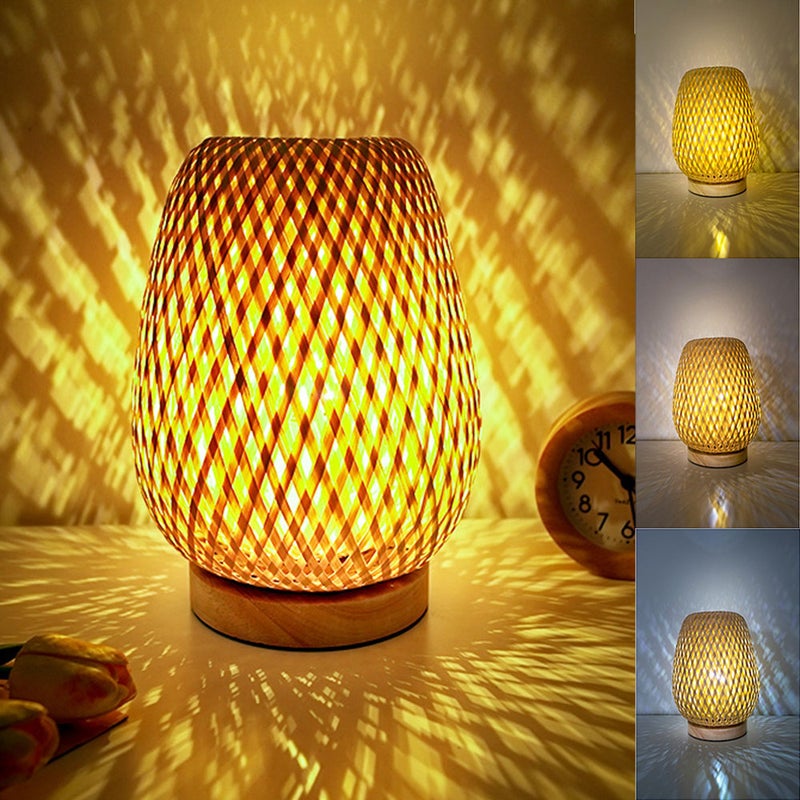 Lampa stołowa z plecionego bambusa E27, ręcznie wykonana, z podstawą, lampka nocna, 5V (3 kolory), ściemniana z pilotem.