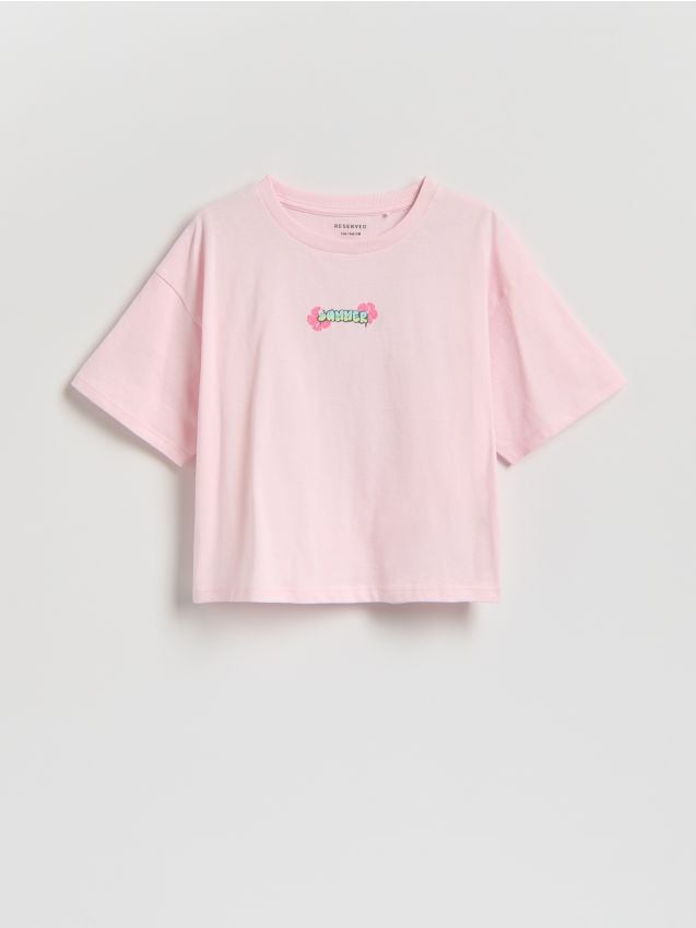 Reserved - Luźny t-shirt z nadrukiem - pastelowy róż