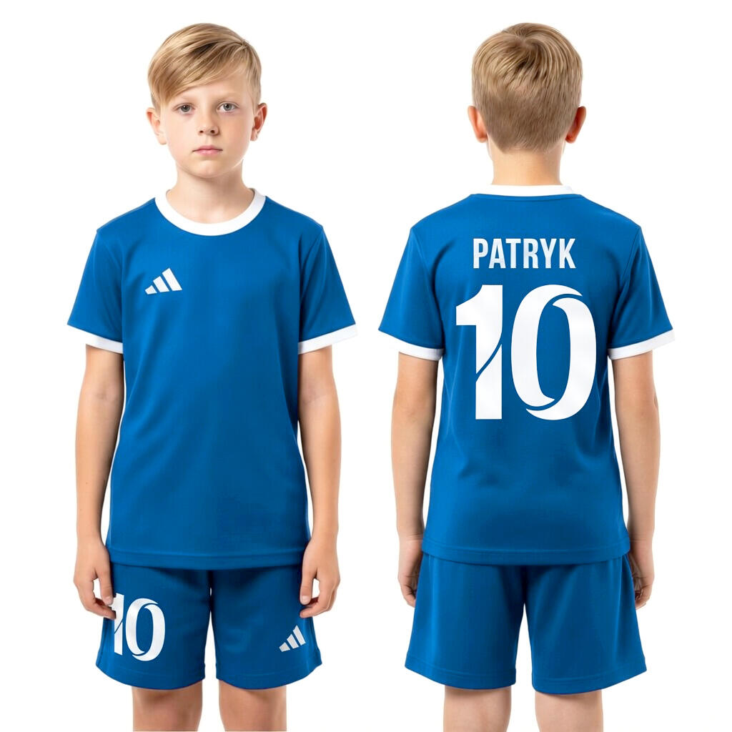 Strój Piłkarski ADIDAS 2w1 dla Dziewczynki Chłopca TWÓJ NAPIS Niebieski