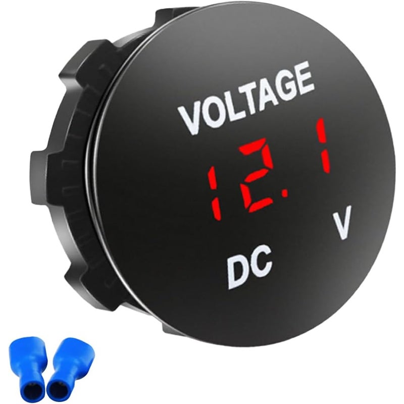Woltomierz akumulatorowy, wodoodporny tester napięcia DC 12 V, cyfrowy wyświetlacz LED, wskaźnik napięcia akumulatora, okrągły panel (czerwony)
