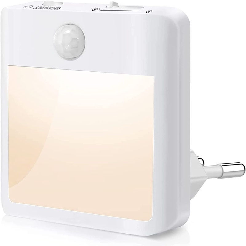 Lampka nocna z gniazdkiem elektrycznym – dziecięca lampka nocna z czujnikiem ruchu – regulowana jasność, lampka nocna LED (ciepła/zimna biel – regulo