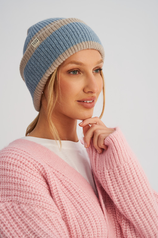 Czapka zimowa w paski szaro - niebieska