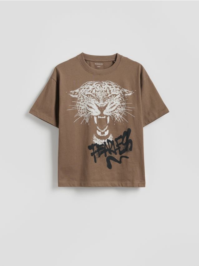 Reserved - Bawełniany t-shirt z nadrukiem - oliwkowy